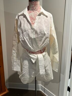 A.L.C. White High-Waist Eyelet Linen Shorts and Cropped Top